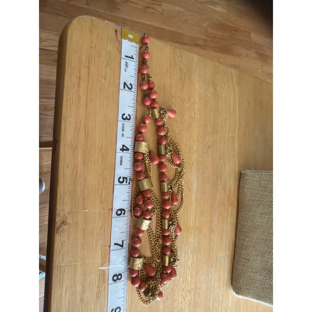 Vintage Style Coral Pink Beaded Multi Strand Gold Tone Chain Necklace